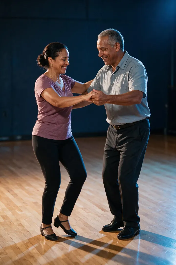 Pareja adulta bailando merengue tomada de las manos (imagen de referencia)