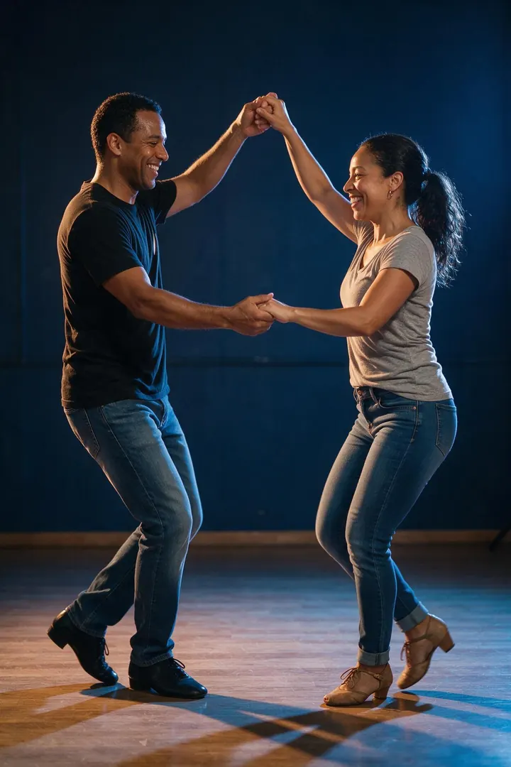Pareja adulta bailando salsa en un salón de clase (imagen de referencia)